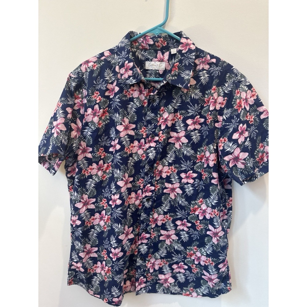 Cotton & Co Men's Large Navy Pink Floral Hawaiian‎ Button Down Shirt 100% Cotton